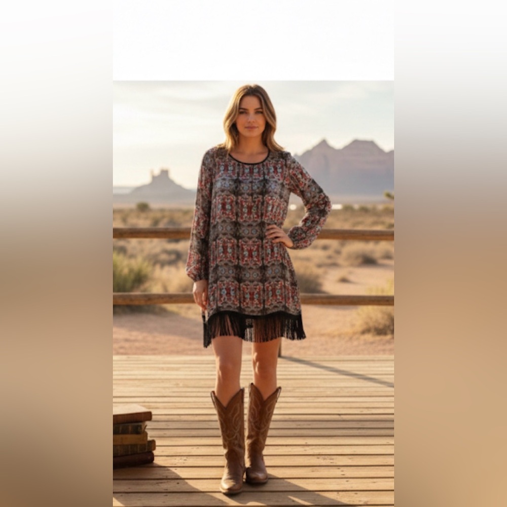 Buddy Love Shift Dress Large Tassel Fringe Hem Balloon Long Sleeve‎ Boho Kelly L